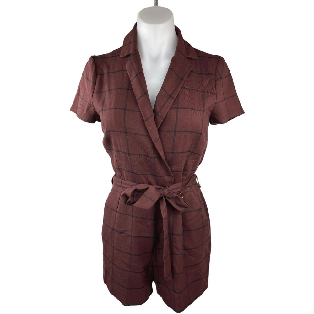 ASOS Brown Black Grid Check Short Sleeve Tie Waist Collared Romper Shorts Size 2